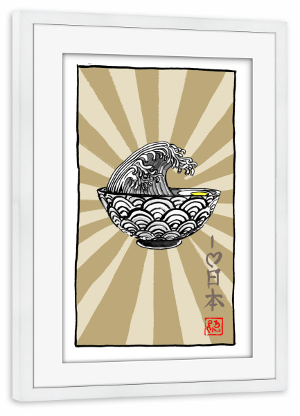 Poster mit Rahmen weiß "Ramen-Suppe Welle weiß" artboxONE - Essen & Trinken - Ramen,Suppe,Japan,Sumie