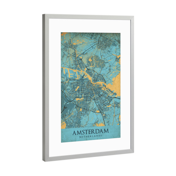 Poster mit Rahmen Silber "Vintage CityMap von Amsterdam" artboxONE - Städte / Amsterdam,Kartografie