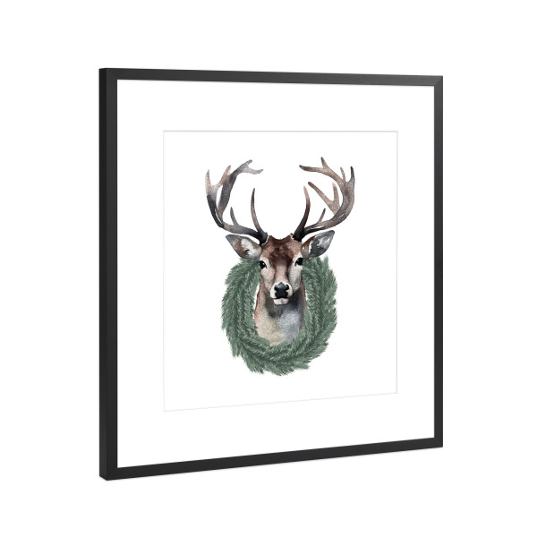 Poster mit Rahmen Schwarz (Metallic) "Hirsch Cottage Christmas" artboxONE - Natur,Tiere,Weihnachten