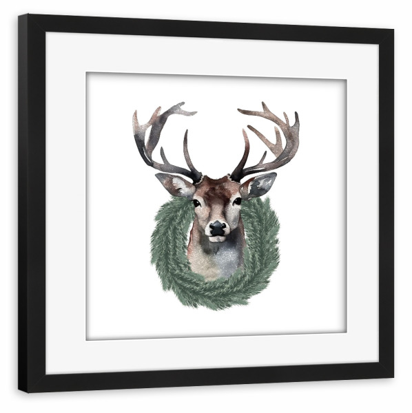Poster mit Rahmen schwarz "Hirsch Cottage Christmas" artboxONE - Natur,Tiere,Weihnachten