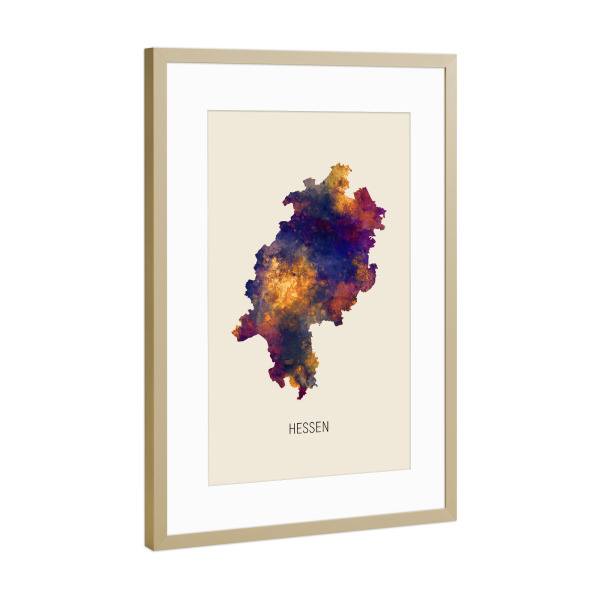 Poster mit Rahmen Gold "Hessen Aquarell Landeskarte Beige" artboxONE - Kartografie - Hessen,Karte,Aquarell,Malerei,Landeskarte,Deutschland