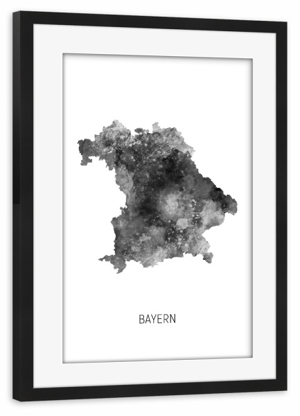 Poster mit Rahmen schwarz "Bayern Aquarell Landeskarte BW" artboxONE - Schwarzweiß,Kartografie - Bayern,Karte,Aquarell,Malerei,Landeskarte,Deutschland