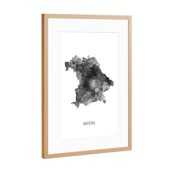 Poster mit Rahmen Kupfer "Bayern Aquarell Landeskarte BW" artboxONE - Schwarzweiß,Kartografie - Bayern,Karte,Aquarell,Malerei,Landeskarte,Deutschland