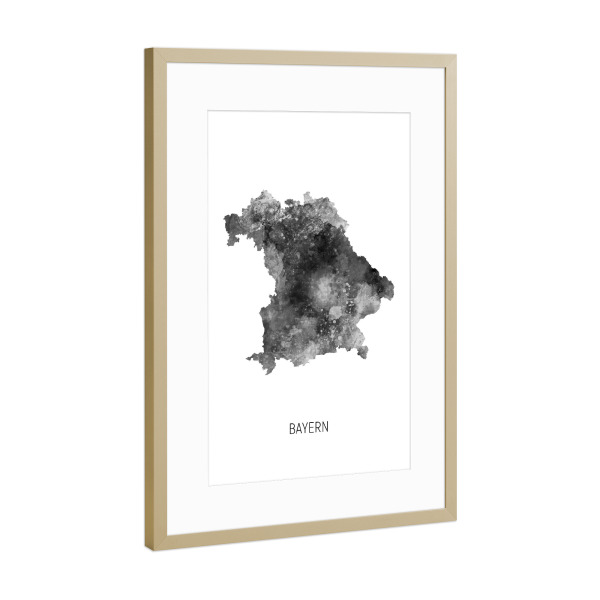 Poster mit Rahmen Gold "Bayern Aquarell Landeskarte BW" artboxONE - Schwarzweiß,Kartografie - Bayern,Karte,Aquarell,Malerei,Landeskarte,Deutschland