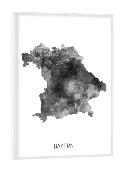 Poster mit weißem Rahmen "Bayern Aquarell Landeskarte BW" artboxONE - Schwarzweiß,Kartografie - Bayern,Karte,Aquarell,Malerei,Landeskarte,Deutschland