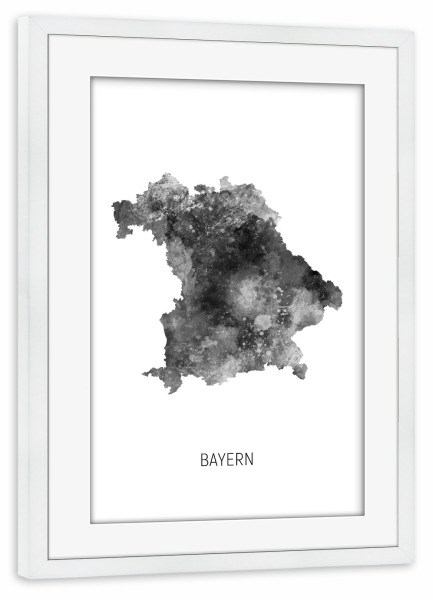 Poster mit Rahmen weiß "Bayern Aquarell Landeskarte BW" artboxONE - Schwarzweiß,Kartografie - Bayern,Karte,Aquarell,Malerei,Landeskarte,Deutschland