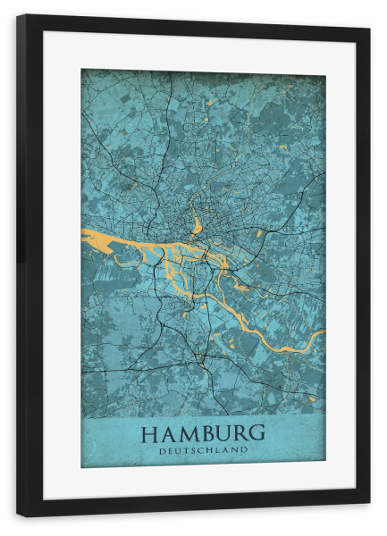 Poster mit Rahmen schwarz "Hamburger Retro Citymap" artboxONE - Städte / Hamburg,Kartografie
