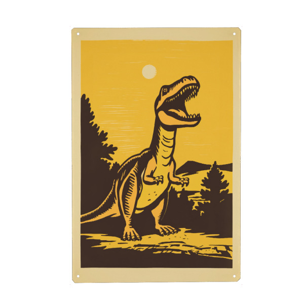 Metall Poster "Retro-Dino" artboxONE - Tiere,Comic - Kunst,Hell,Dino,Dinosaurier,Glücklich,Minimal,Malerei,Retro,Einfach,Sonne,Trex,Gelb