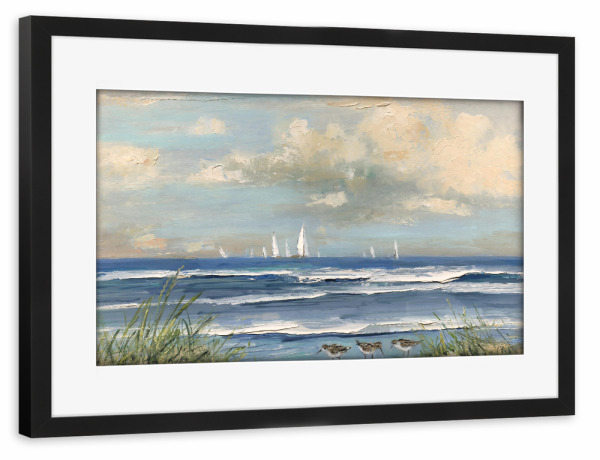 Poster mit Rahmen schwarz "Ozeanregatta" artboxONE - Tiere,Abstrakt,Reise / Strand und Meer - Strandläufer,Boote,Strand,Meer,Gras,Himmel