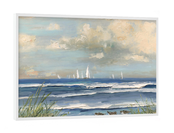 Poster mit weißem Rahmen "Ozeanregatta" artboxONE - Tiere,Abstrakt,Reise / Strand und Meer - Strandläufer,Boote,Strand,Meer,Gras,Himmel