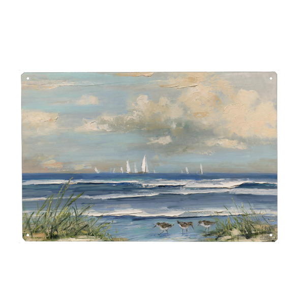Holzbild "Ozeanregatta" artboxONE - Tiere,Abstrakt,Reise / Strand und Meer - Strandläufer,Boote,Strand,Meer,Gras,Himmel