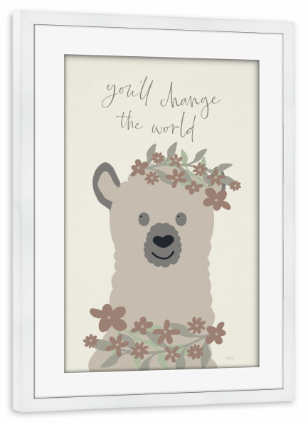 Poster mit Rahmen weiß "Die Welt verändern" artboxONE - Typografie,Für Kinder,Tiere - Lama,Blumen,Kind,Kinder,Kinder