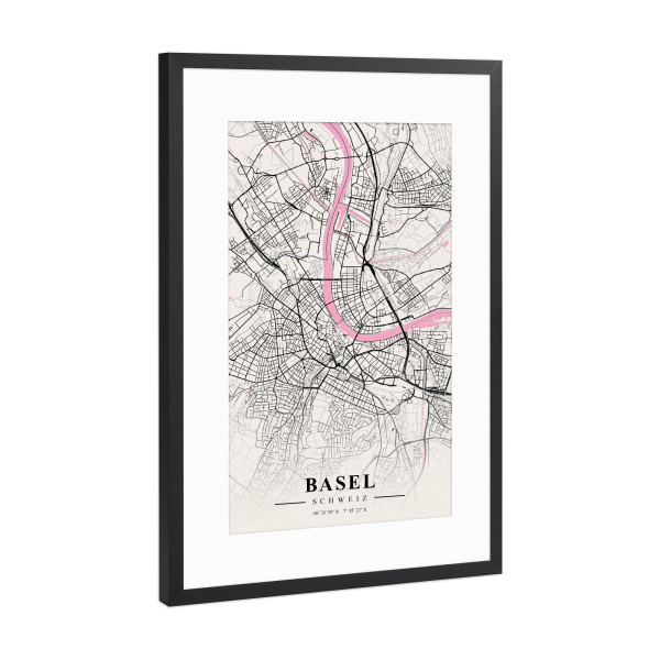 Poster mit Rahmen Schwarz (Metallic) "Stadt Basel Wandbild" artboxONE - Städte,Kartografie