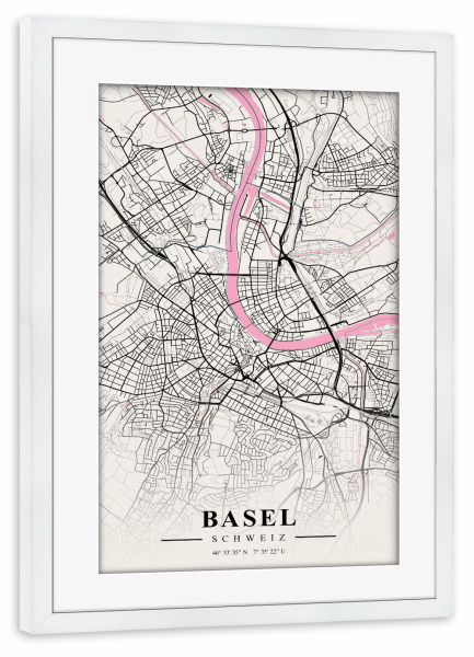 Poster mit Rahmen weiß "Stadt Basel Wandbild" artboxONE - Städte,Kartografie