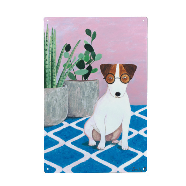 Holzbild "Jack Russell und Pflanzen" artboxONE - Tiere - Jack russell,Hund,Hundedruck,Pflanzen,Niedliche kunst,Naive kunst