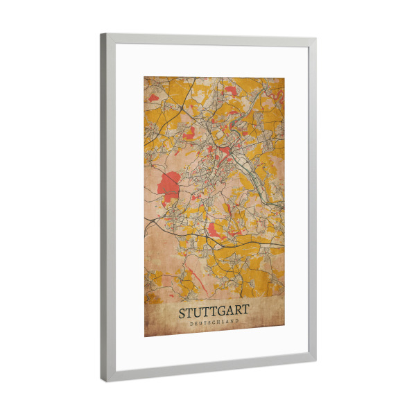 Poster mit Rahmen Silber "Stuttgart als Vintage Citymap" artboxONE - Städte / Stuttgart,Kartografie