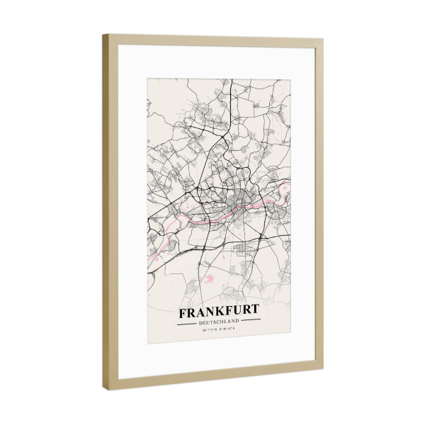 Poster mit Rahmen Gold "Stadt Map von Frankfurt" artboxONE - Städte / Frankfurt,Kartografie