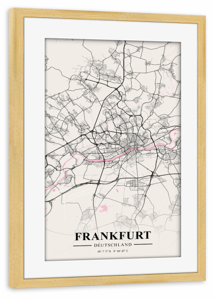 Poster mit Rahmen kiefer "Stadt Map von Frankfurt" artboxONE - Städte / Frankfurt,Kartografie