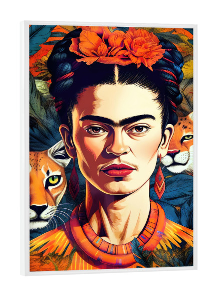 Poster mit weißem Rahmen "Lady Frida und Wildkatzen" artboxONE - Tiere,Menschen - Frida,Frau,Tiere,Malerei,Natur
