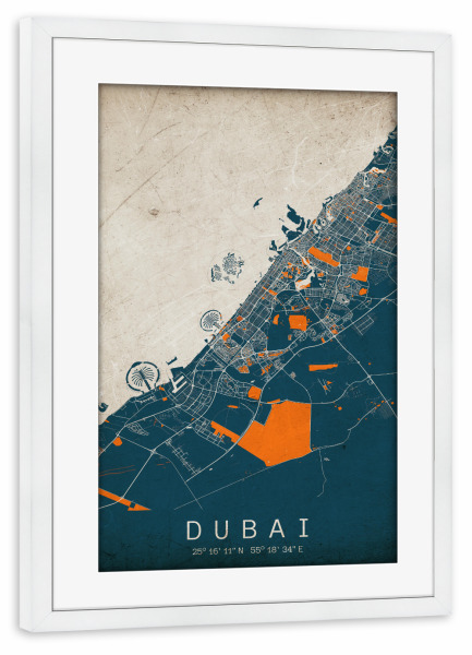 Poster mit Rahmen weiß "Dubai als Vintage Stadtplan" artboxONE - Städte / Dubai,Kartografie