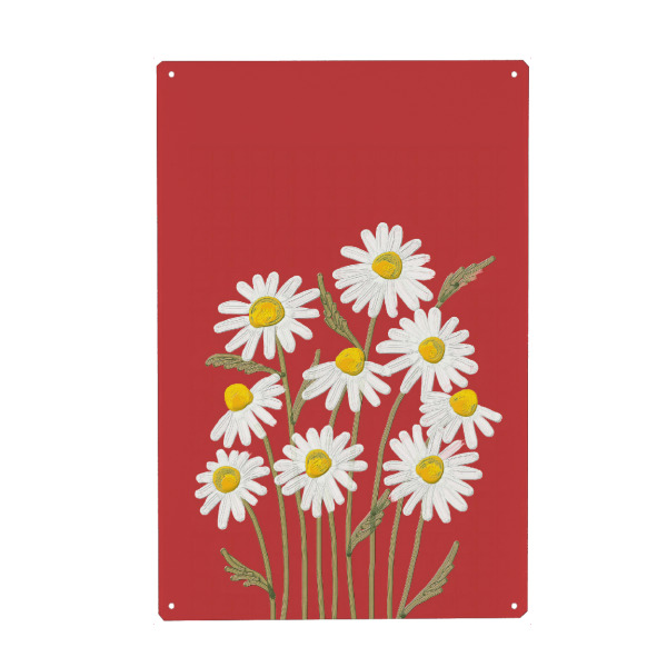 Metall Poster "Festliche Gänseblümchen" artboxONE - Floral - Frühling,Feiertag,Festlich,Rot,Blume,Blumen,Gänseblümchen,Malerei - Blechschild