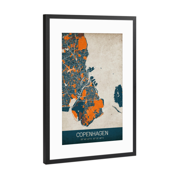 Poster mit Rahmen Schwarz (Metallic) "København Vintage City Map" artboxONE - Städte / København,Kartografie