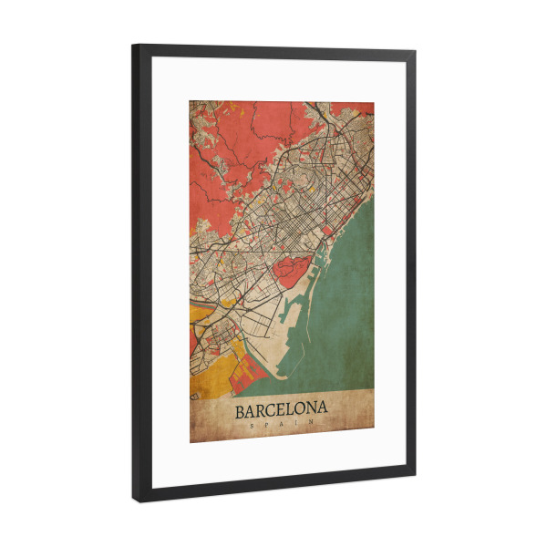 Poster mit Rahmen Schwarz (Metallic) "Vintage Barça Stadt" artboxONE - Städte / Barcelona,Kartografie