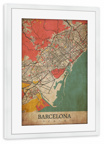 Poster mit Rahmen weiß "Vintage Barça Stadt" artboxONE - Städte / Barcelona,Kartografie