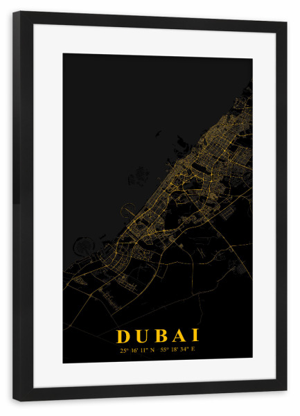 Poster mit Rahmen schwarz "Dubai Stadt" artboxONE - Städte / Dubai,Kartografie