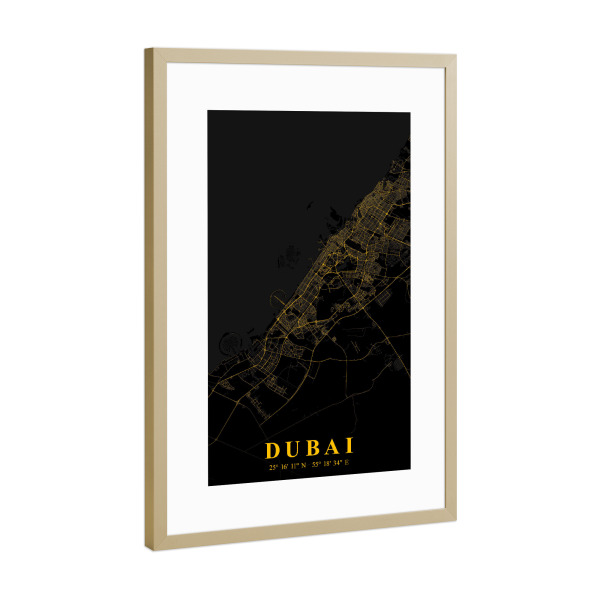 Poster mit Rahmen Gold "Dubai Stadt" artboxONE - Städte / Dubai,Kartografie