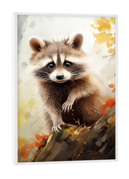 Poster mit weißem Rahmen "Lustiger Waschbär auf einem Baum" artboxONE - Natur,Tiere,Lustig - Wschbär,Tier,Lustig,Bunt,Herbst,Natur,Baum,Blätter