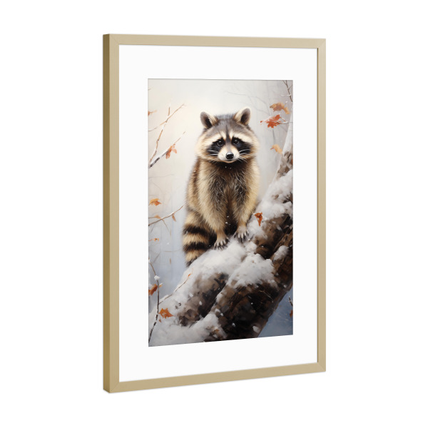 Poster mit Rahmen Gold "Waschbär im Winter" artboxONE - Natur,Tiere - Waschbär,Tier,Natur,Schnee,Baum,Wald,Winter,Ki