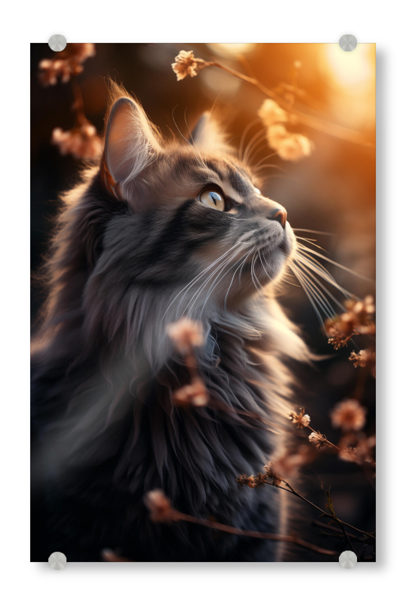Acrylglasbild "Katze im Sonnenschein" artboxONE - Natur,Floral,Tiere - Katze,Tier,Natur,Sonnenschein,Sonnenuntergang,Blätter,Blumen,Floral,Ki