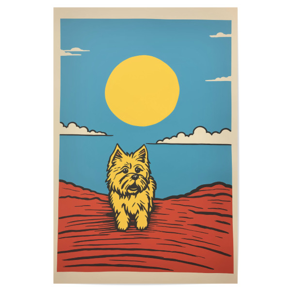 Poster 30x20 cm "Retro-Terrier" artboxONE - Tiere,Comic - Kunst,Hell,Hund,Glücklich,Minimal,Malerei,Retro,Einfach,Sonne,Terrier,Gelb,Yorkshire