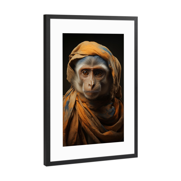 Poster mit Rahmen Schwarz (Metallic) "Verkleidetes Äffchen" artboxONE - Tiere,Lustig - Affe,Lustig,Tier,Kaputze,Portrait,Verkleidet,Ki