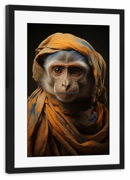 Poster mit Rahmen schwarz "Verkleidetes Äffchen" artboxONE - Tiere,Lustig - Affe,Lustig,Tier,Kaputze,Portrait,Verkleidet,Ki