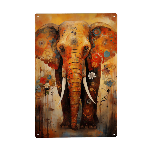 Metall Poster "Elefant umgeben von Blumen" artboxONE - Floral,Tiere - Elefant,Tier,Bunt,Floral,Blumen,Ki - Blechschild
