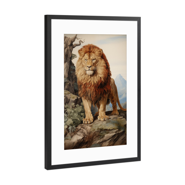 Poster mit Rahmen Schwarz (Metallic) "Löwe in der Wildnis" artboxONE - Natur,Tiere - Löwe,Majestätisch,König,Tier,Natur,Berge,Felsen,Bäume,Ki