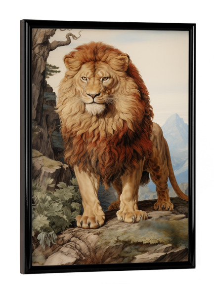 Poster mit schwarzem Rahmen "Löwe in der Wildnis" artboxONE - Natur,Tiere - Löwe,Majestätisch,König,Tier,Natur,Berge,Felsen,Bäume