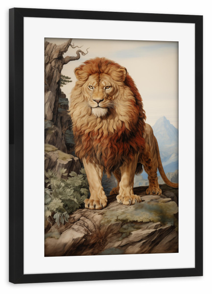 Poster mit Rahmen schwarz "Löwe in der Wildnis" artboxONE - Natur,Tiere - Löwe,Majestätisch,König,Tier,Natur,Berge,Felsen,Bäume,Ki