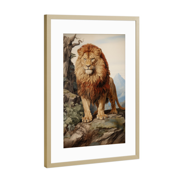 Poster mit Rahmen Gold "Löwe in der Wildnis" artboxONE - Natur,Tiere - Löwe,Majestätisch,König,Tier,Natur,Berge,Felsen,Bäume,Ki