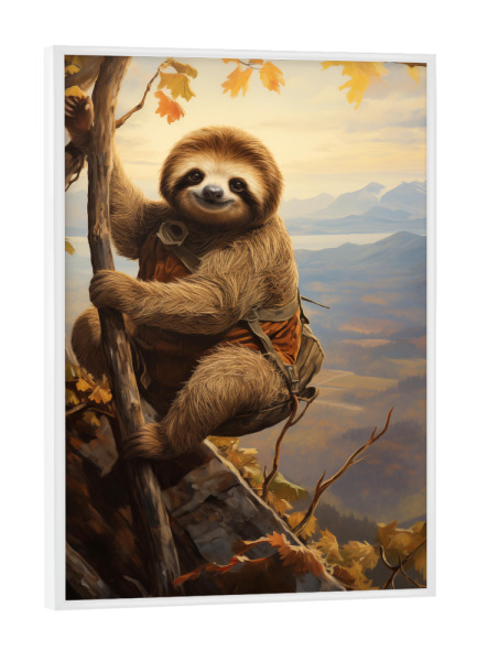 Poster mit weißem Rahmen "Faultier klettert auf einen Baum" artboxONE - Natur,Tiere - Faultier,Tier,Klettert,Baum,Natur,Landschaft,Berge,äste,Blätter