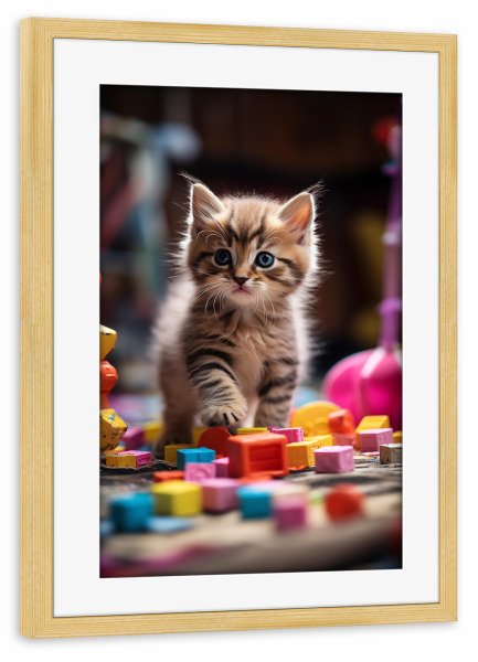 Poster mit Rahmen kiefer "Süße Baby Katze beim spielen" artboxONE - Für Kinder,Tiere,Lustig