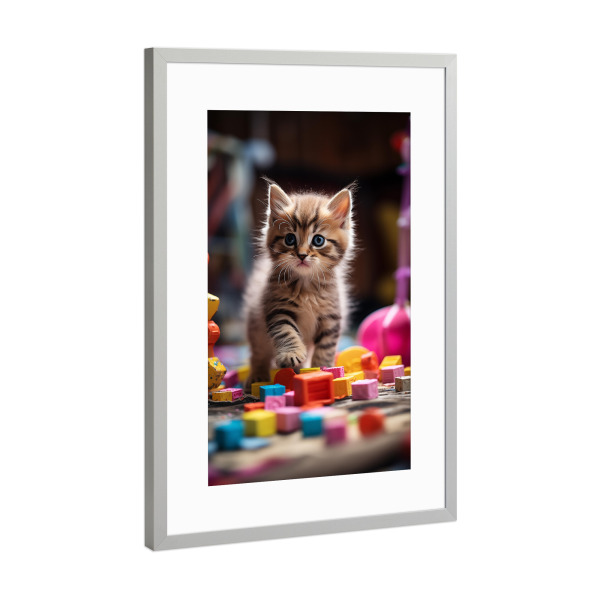 Poster mit Rahmen Silber "Süße Baby Katze beim spielen" artboxONE - Für Kinder,Tiere,Lustig