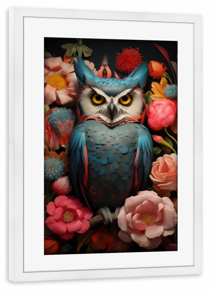 Poster mit Rahmen weiß "Eule umgeben von Blumen" artboxONE - Floral,Tiere - Bunt,Eule,Frida kahlo,Blumen,Floral,Tier,Vogel,Ki