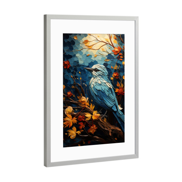 Poster mit Rahmen Silber "Bunter Vogel auf einem Baum" artboxONE - Natur,Floral,Tiere - Bunt,Vogel,Baum,Blätter,Van gogh,Ki