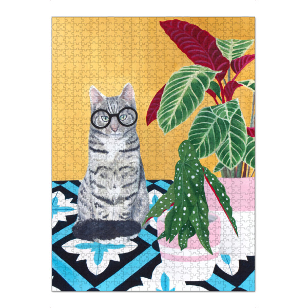 Puzzle Ravensburger "Clevere Katze mit Pflanzen" artboxONE - Floral,Tiere - Katzendruck,Katzenkunst,Süße katze,Naive kunst,Pflanzendruck