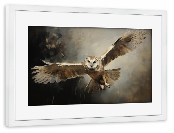 Poster mit Rahmen weiß "Dunkle fliegende Eule" artboxONE - Natur,Tiere