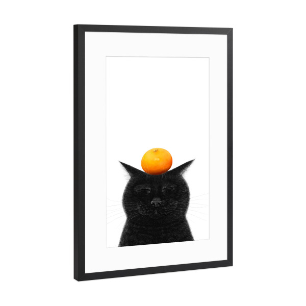 Poster mit Rahmen Schwarz (Metallic) "Schwarze Katze mit Mandarine" artboxONE - Natur,Für Kinder,Tiere,Weihnachten,Lustig