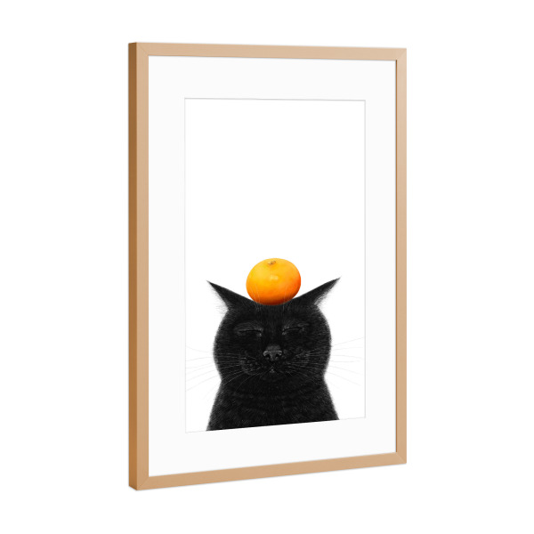 Poster mit Rahmen Kupfer "Schwarze Katze mit Mandarine" artboxONE - Natur,Für Kinder,Tiere,Weihnachten,Lustig